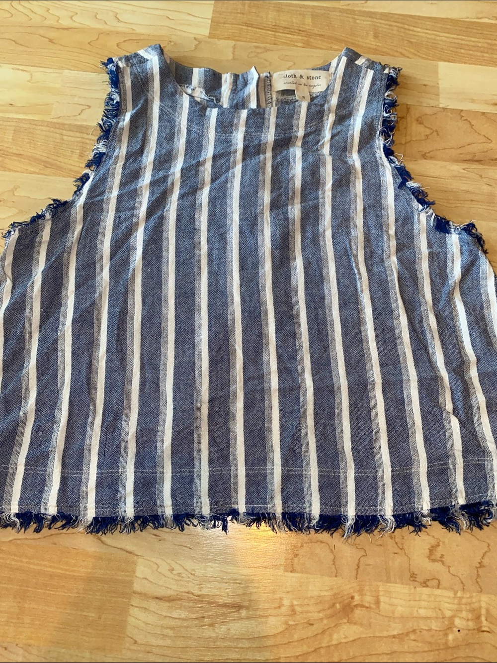 cloth & stone Navy and White Striped Sleeveless Fringe crop Top button back